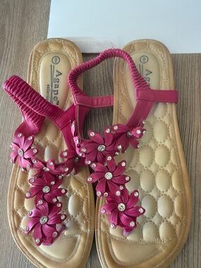 Agapen Pink Floral Crystal T-Strap Sandals